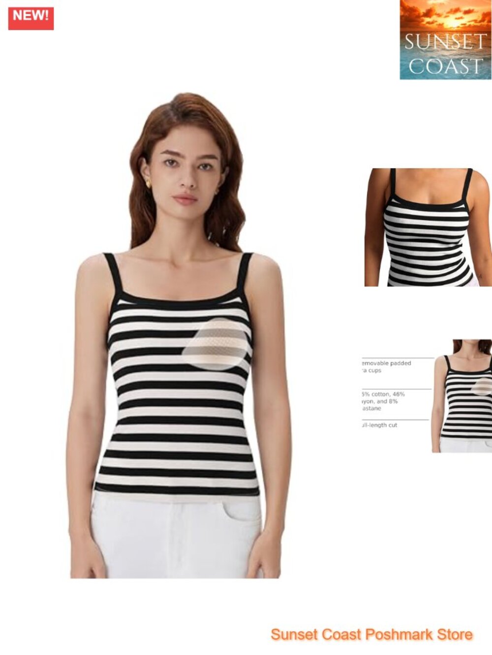 Cotton Rib Padded Tank Top Sleeveless Square Neck Spaghetti Strap Camisole